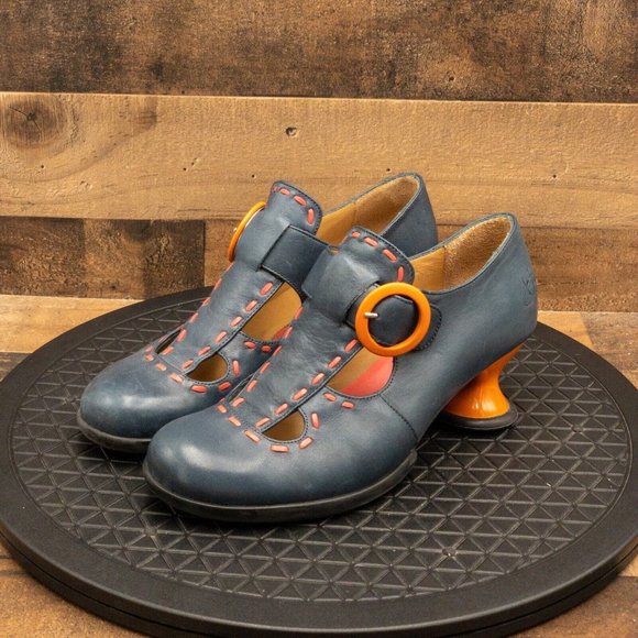 John Fluevog Shoes - JOHN FLUEVOG ENTHUSIAST WOMENS T STRAP HEELS BLUE LEATHER VINTAGE STYLE 2” SZ 9